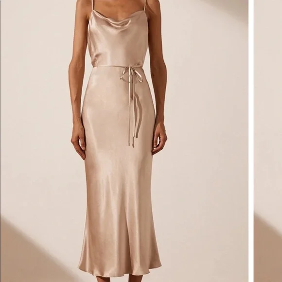 silver embellished midi dress Mac Duggal - Silver Nude Sequin Cowl Midi Dress with Velvet Flower